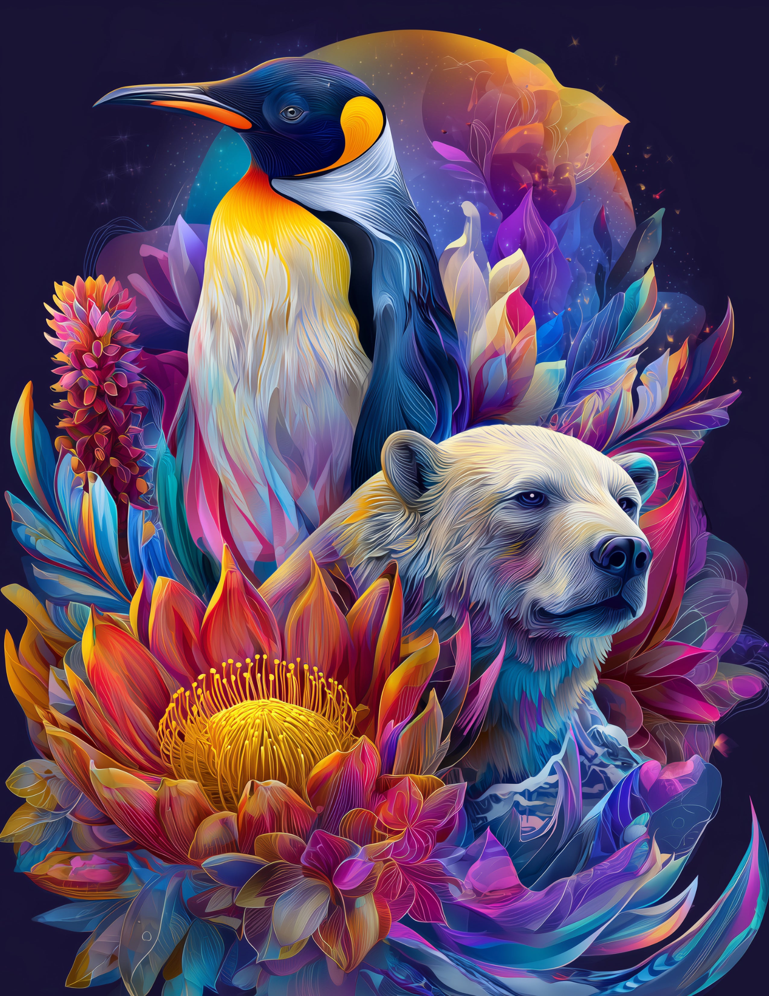 Penguin & Polar Bear — Boho Warm Tones Duo Wall Art, 3 Sizes Included, Living Room Decor
