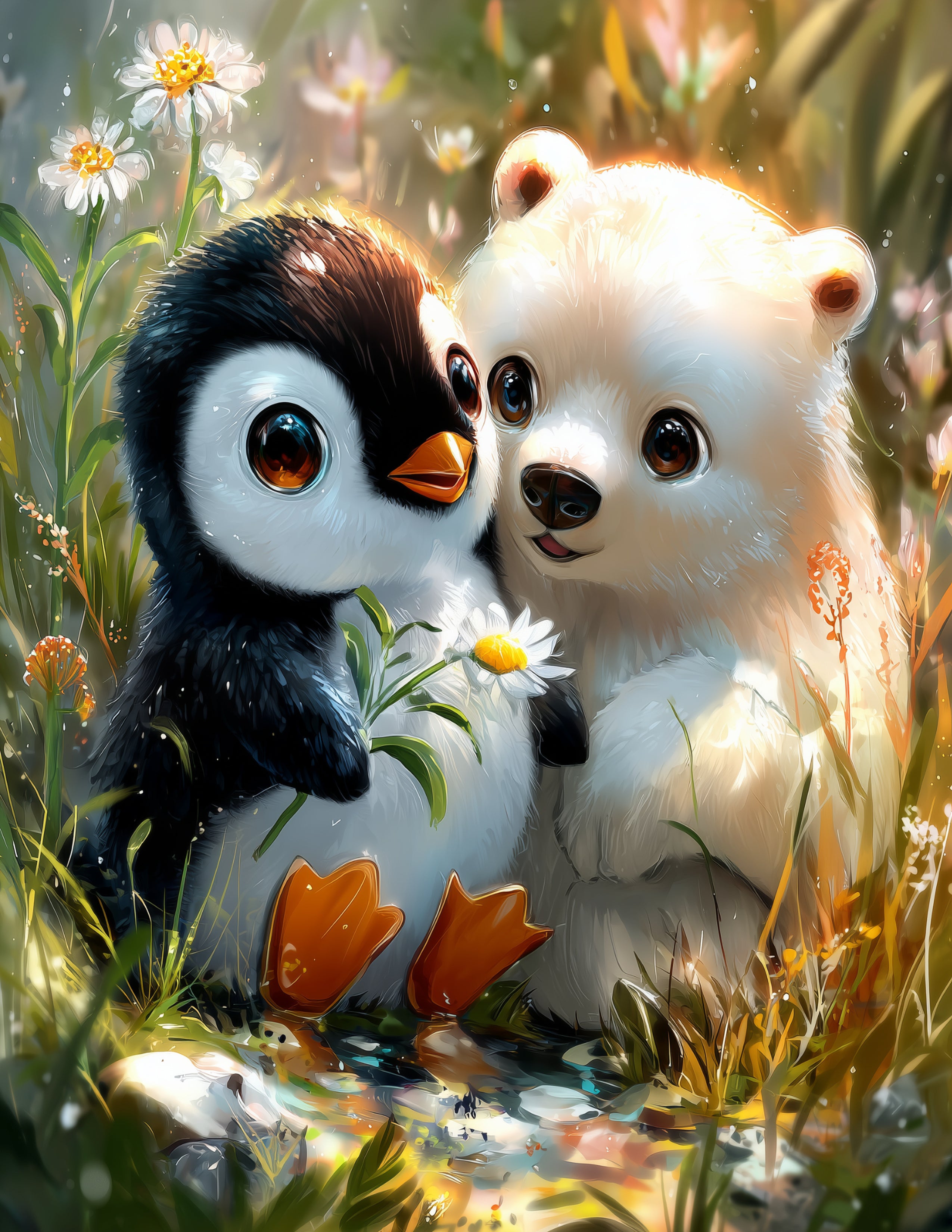 Penguin & Polar Bear — Cute Cartoon Balanced Tones Duo Wall Art, 3 Sizes Included, Nursery Decor