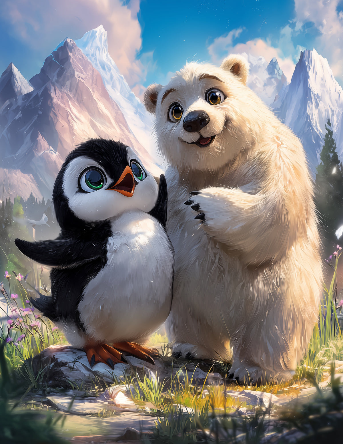 Penguin & Polar Bear — Cute Cartoon Calm Hues Duo Wall Art, 3 Sizes Included,  Nursery Deccor