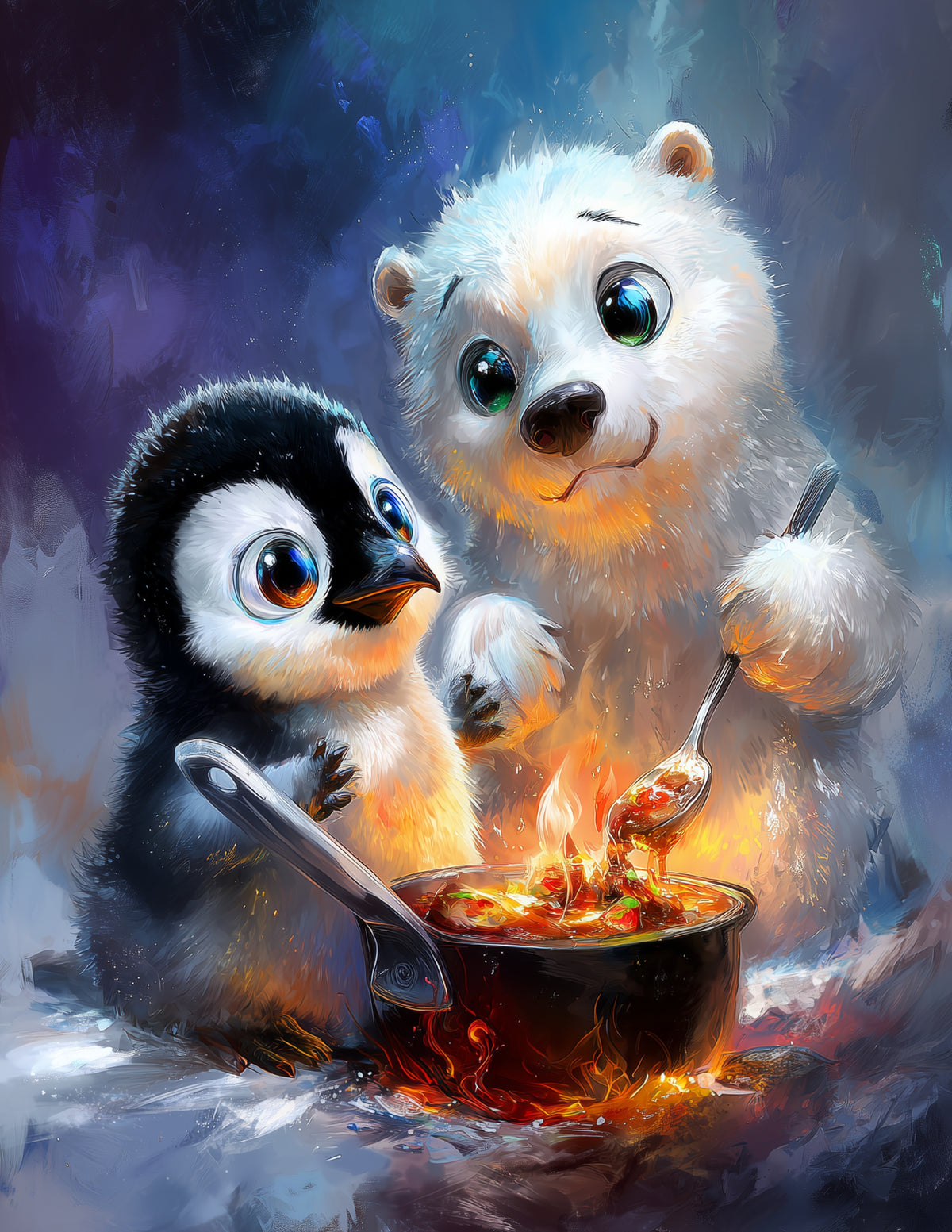 Penguin & Polar Bear — Cute Cartoon Dreamy Tones Duo Wall Art, 3 Sizes Included, Nursery Decor