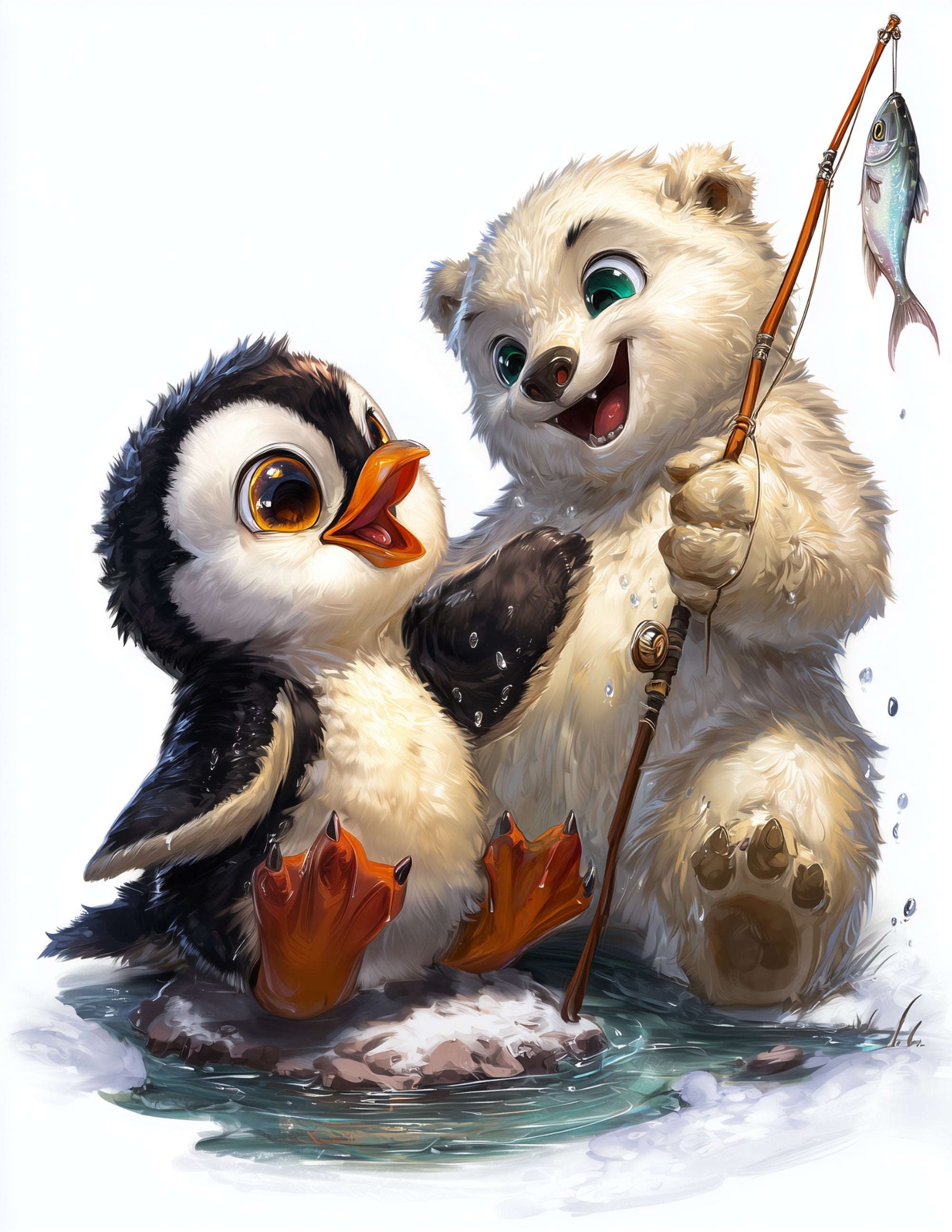 Penguin & Polar Bear — Cute Cartoon Gentle Hues Duo Wall Art, 3 Sizes Included, Nursery Decor