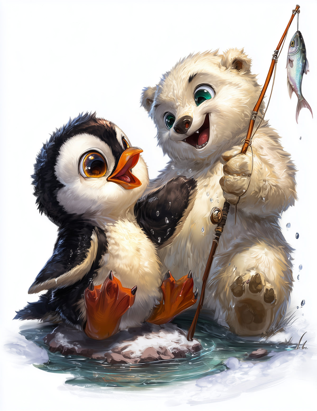 Penguin & Polar Bear — Cute Cartoon Gentle Hues Duo Wall Art, 3 Sizes Included, Nursery Decor