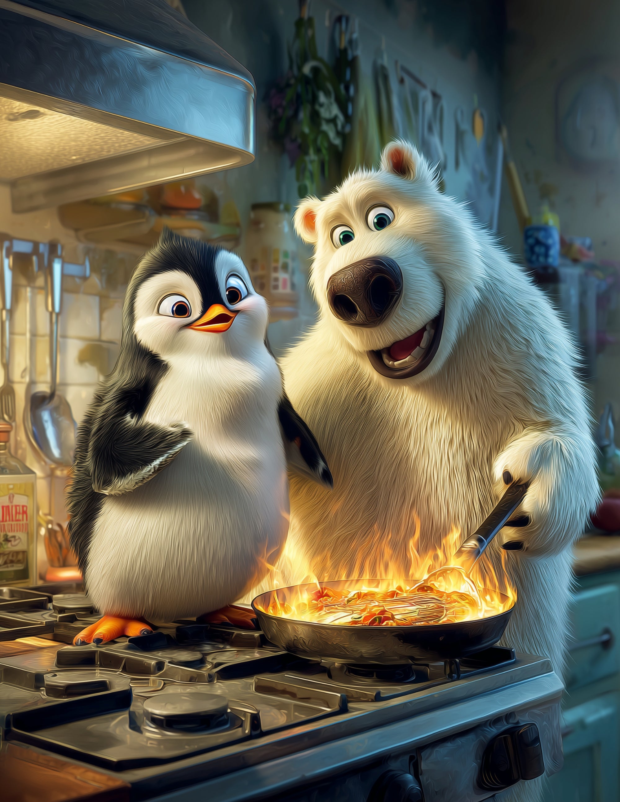 Penguin & Polar Bear — Cute Cartoon Serene Palette Duo Wall Art, 3 Sizes Included, Nursery Decor