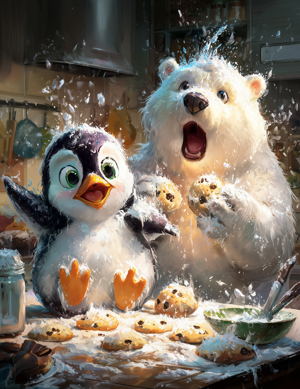 Penguin & Polar Bear — Cute Cartoon Soft Gradients Duo Wall Art, 3 Sizes Included, Nursery Decor