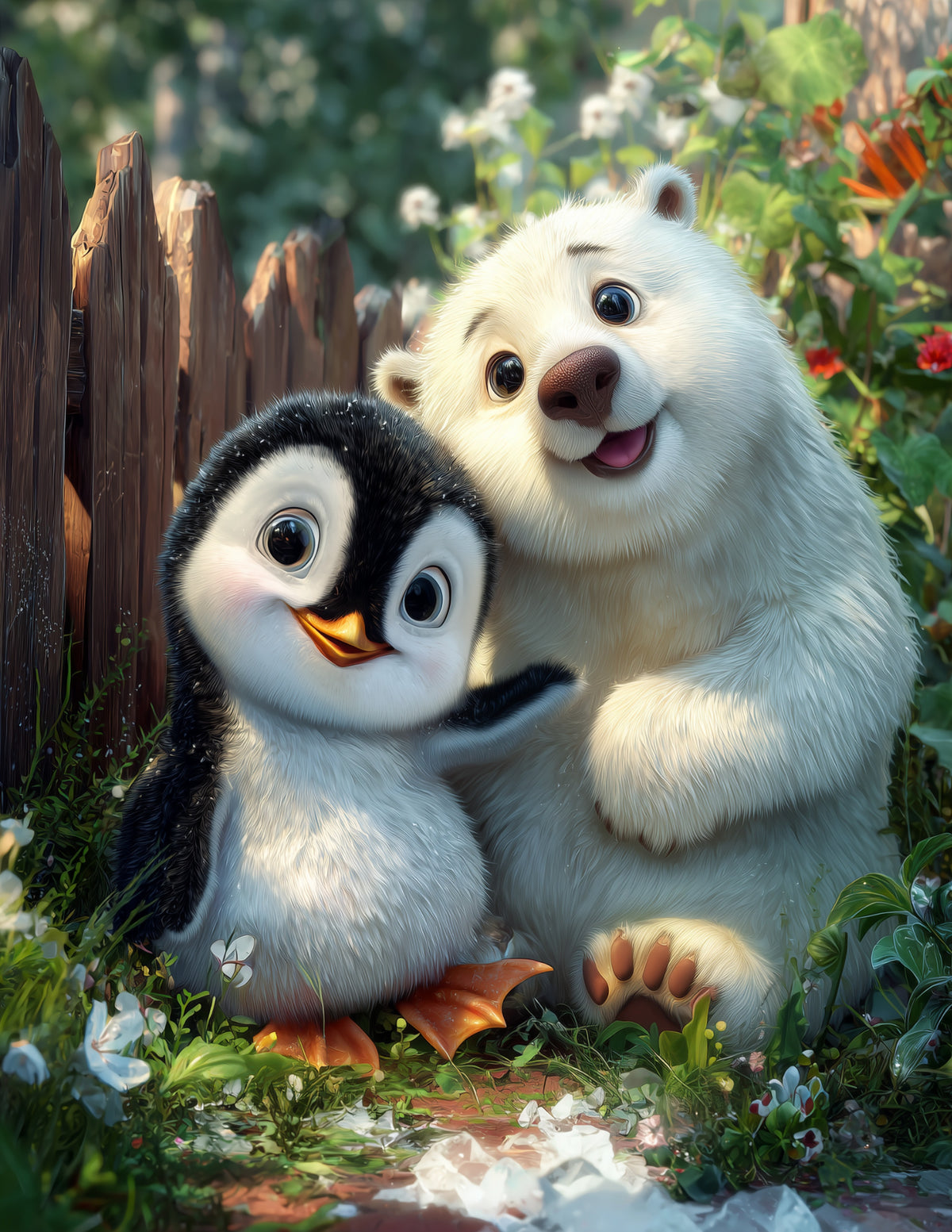 Penguin & Polar Bear — Cute Cartoon Warm Tones Duo Wall Art, 3 Sizes Included, Nursery Decor