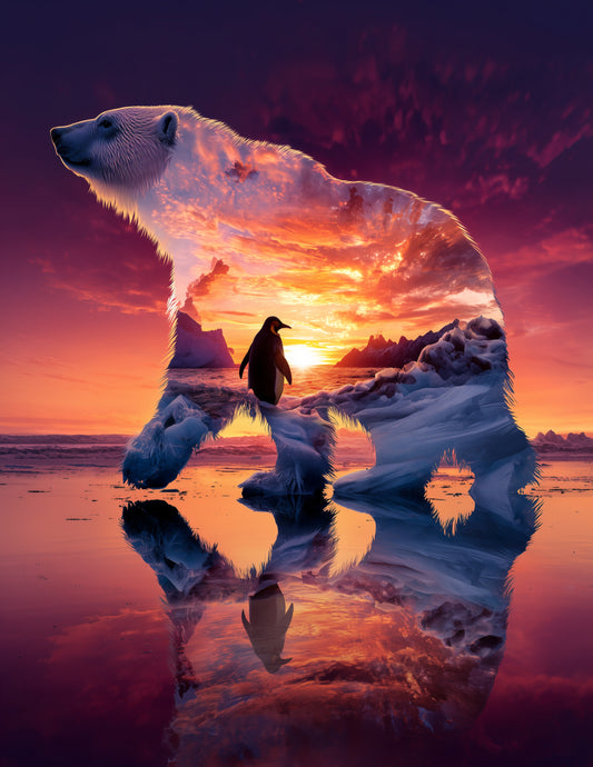 Penguin & Polar Bear — Double Exposure Aurora Hues Duo Wall Art, 3 Sizes Included, Living Room Decor