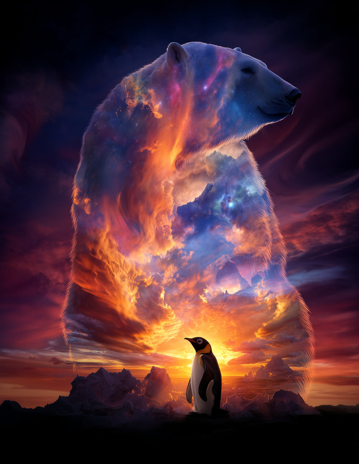 Penguin & Polar Bear — Double Exposure Bold Contrast Duo Wall Art, 3 Sizes Included, Living Room Decor