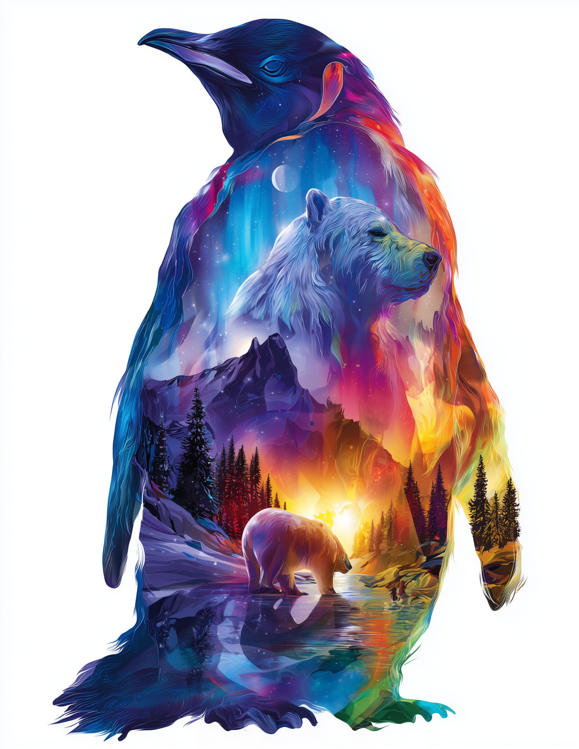 Penguin & Polar Bear — Double Exposure Calm Gradients Duo Wall Art, 3 Sizes Included, Living Room Decor