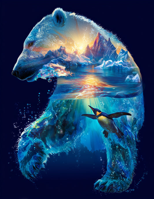 Penguin & Polar Bear — Double Exposure Dreamy Tones Duo Wall Art, 3 Sizes Included, Living Room Decor