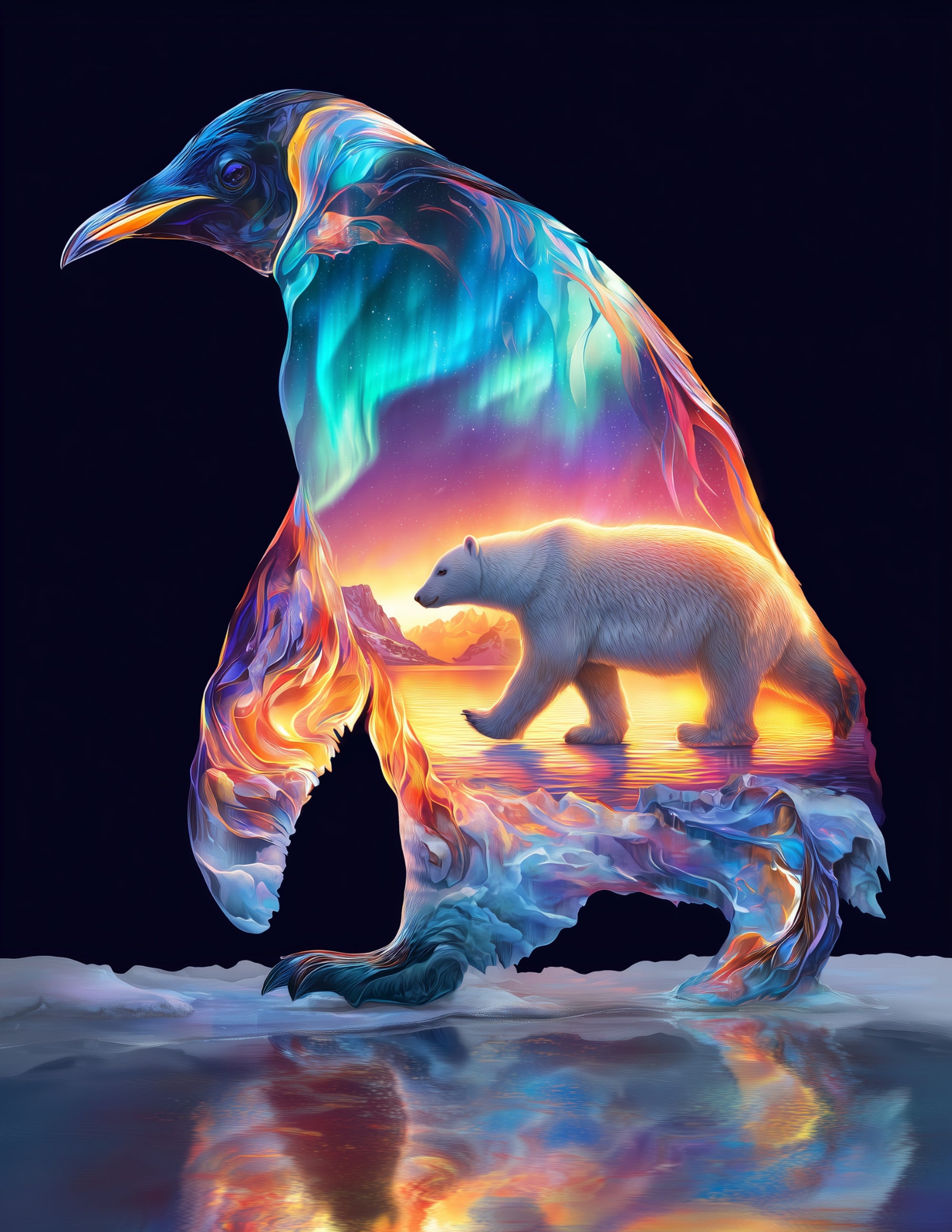 Penguin & Polar Bear — Double Exposure Midnight Tones Duo Wall Art, 3 Sizes Included, Living Room Decor
