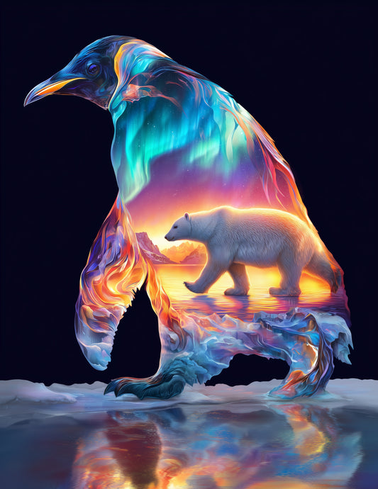 Penguin & Polar Bear — Double Exposure Midnight Tones Duo Wall Art, 3 Sizes Included, Living Room Decor