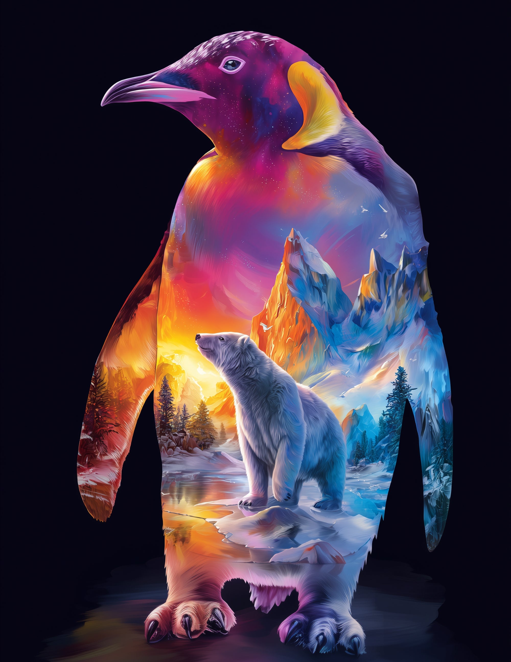 Penguin & Polar Bear — Double Exposure Serene Hues Duo Wall Art, 3 Sizes Included, Living Room Decor