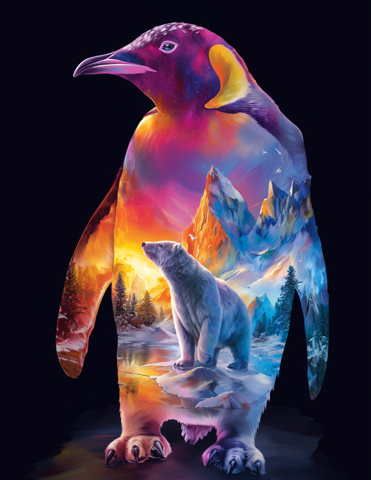 Penguin & Polar Bear — Double Exposure Serene Hues Duo Wall Art, 3 Sizes Included, Living Room Decor