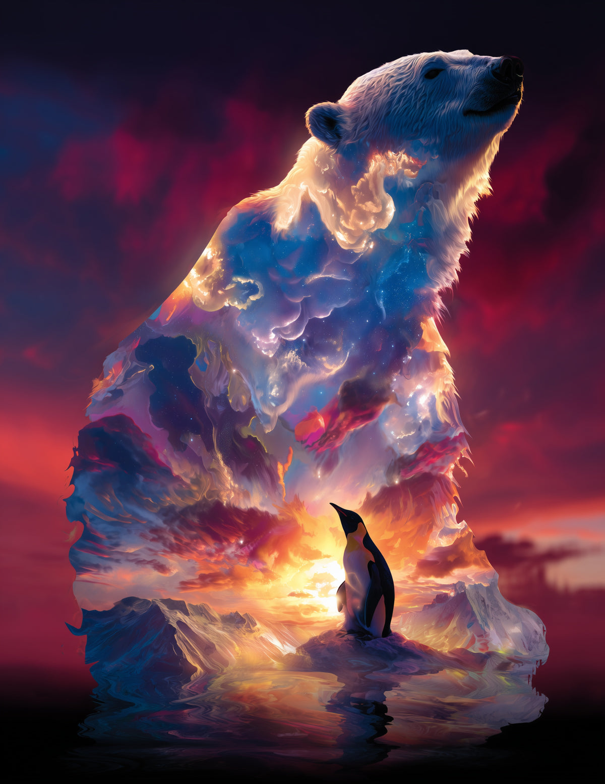 Penguin & Polar Bear — Double Exposure Soft Gradients Duo Wall Art, 3 Sizes Included, Living Room Decor