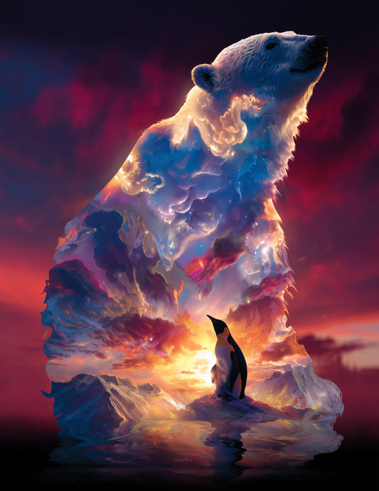 Penguin & Polar Bear — Double Exposure Soft Gradients Duo Wall Art, 3 Sizes Included, Living Room Decor