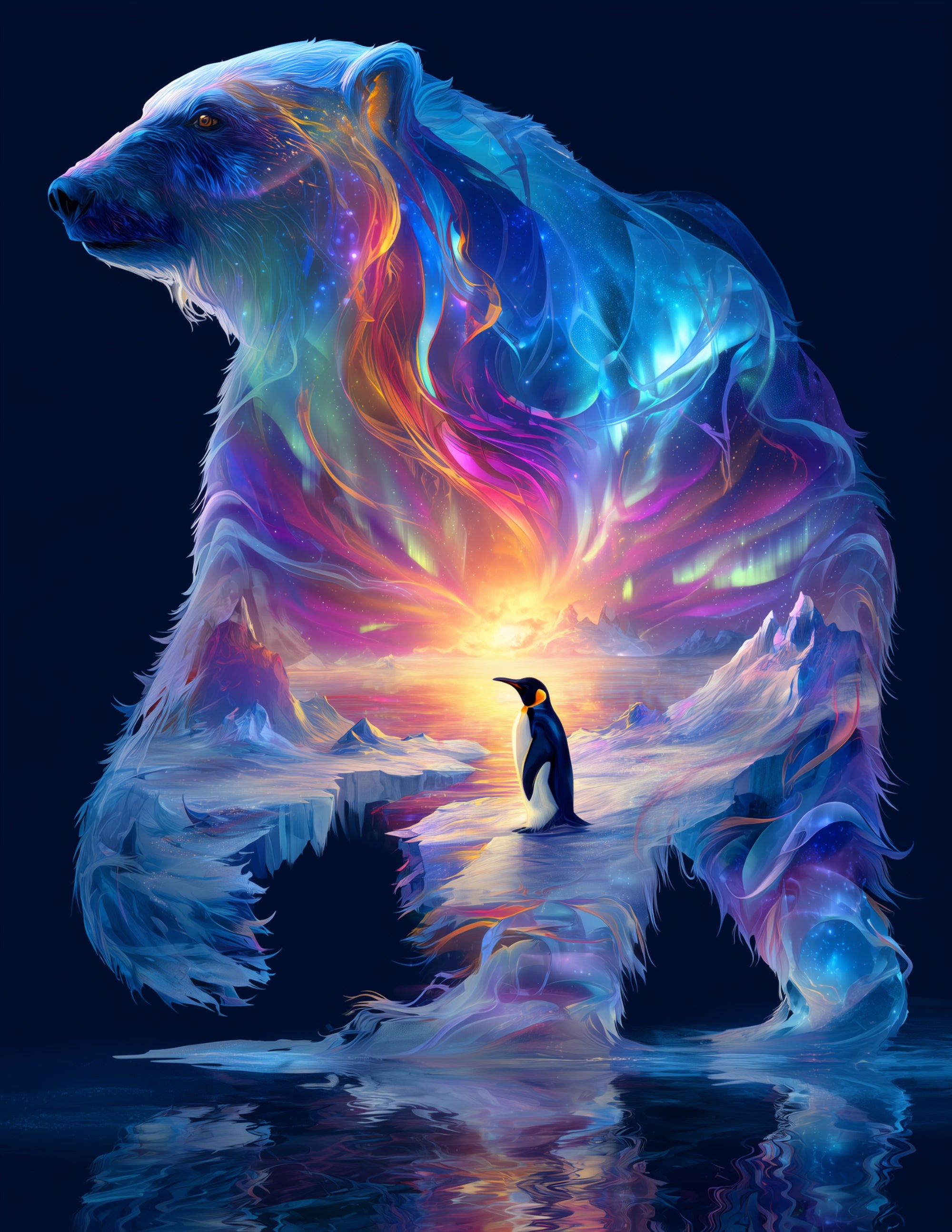 Penguin & Polar Bear — Double Exposure Sunset Gradients Duo Wall Art, 3 Sizes Included, Living Room Decor