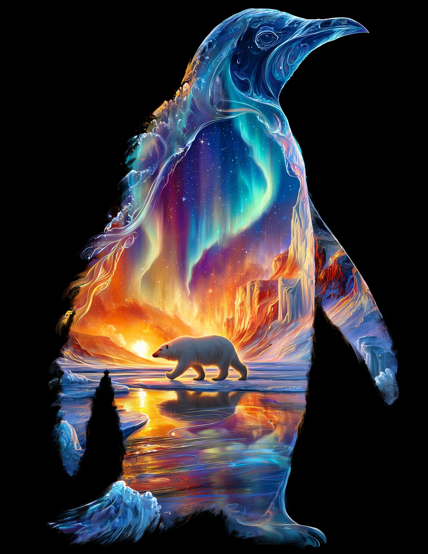 Penguin & Polar Bear — Double Exposure Vibrant Palette Duo Wall Art, 3 Sizes Included, Living Room Decor