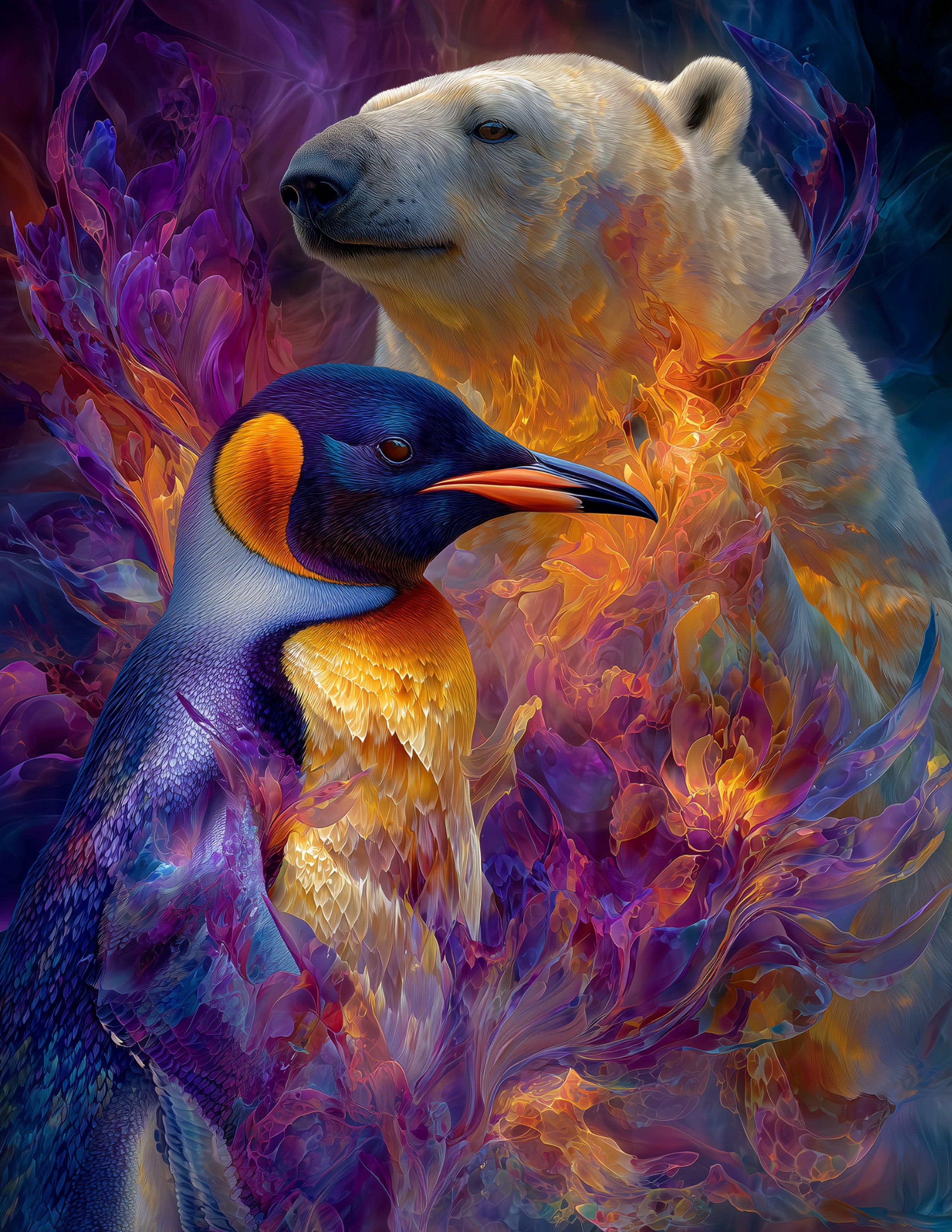 Penguin & Polar Bear — Psychedelic Bold Contrast Duo Wall Art, 3 Sizes Included, Living Room Decor