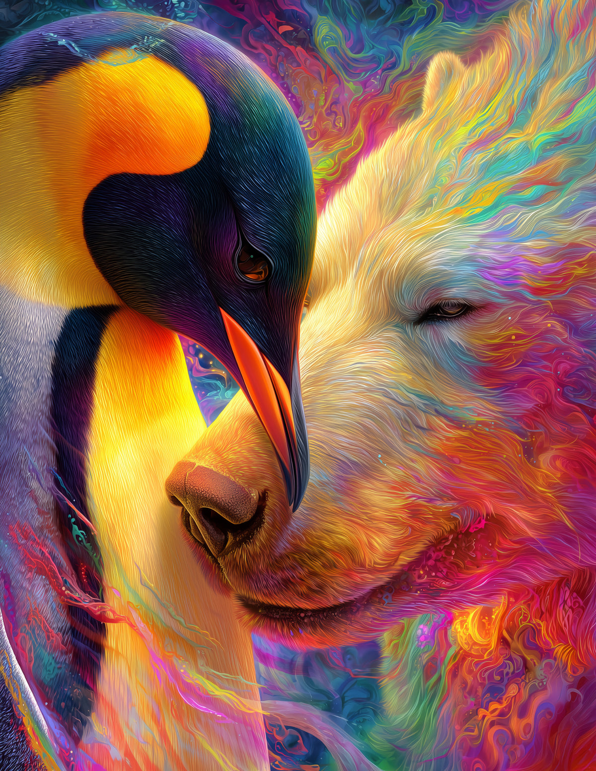 Penguin & Polar Bear — Psychedelic Dreamy Palette Duo Wall Art, 3 Sizes Included, Living Room Decor