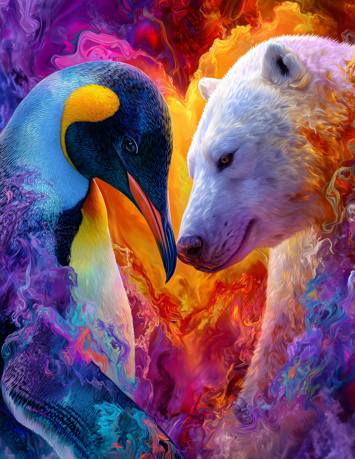 Penguin & Polar Bear — Psychedelic Emerald Hues Duo Wall Art, 3 Sizes Included, Living Room Decor