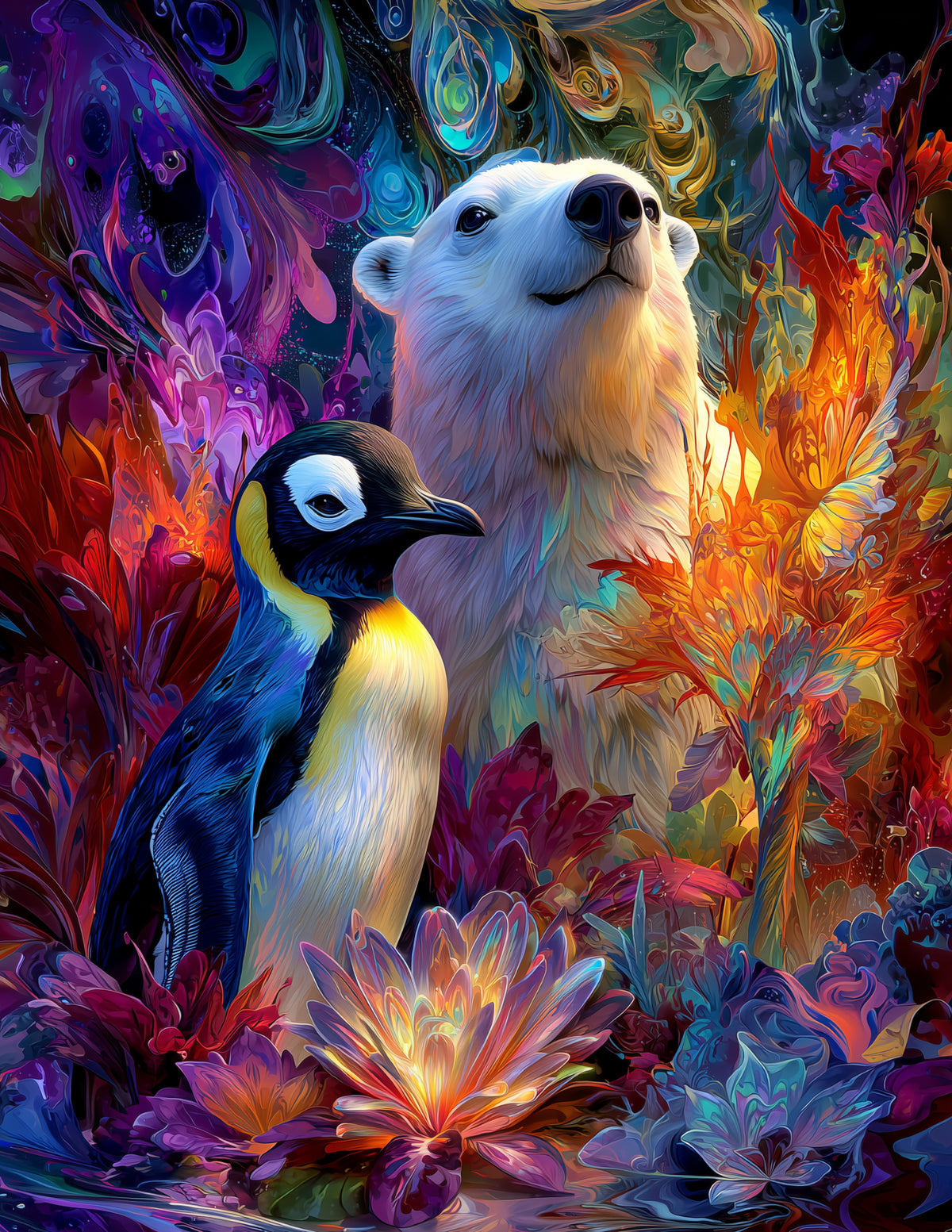 Penguin & Polar Bear — Psychedelic Midnight Hues Duo Wall Art, 3 Sizes Included, Living Room Decor