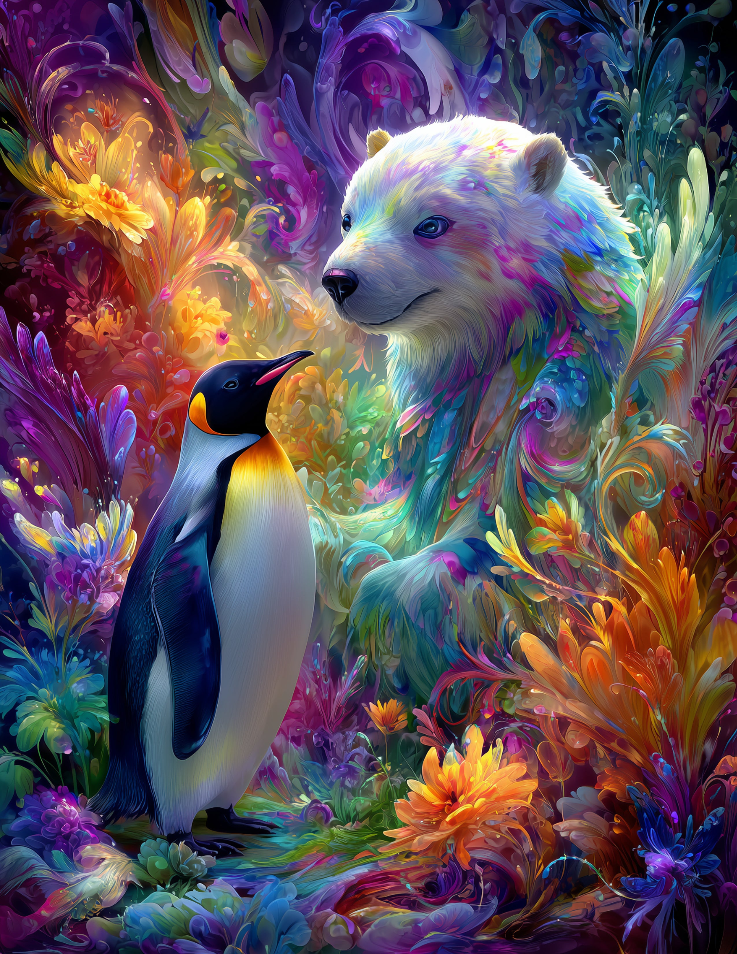 Penguin & Polar Bear — Psychedelic Serene Palette Duo Wall Art, 3 Sizes Included, Living Room Decor