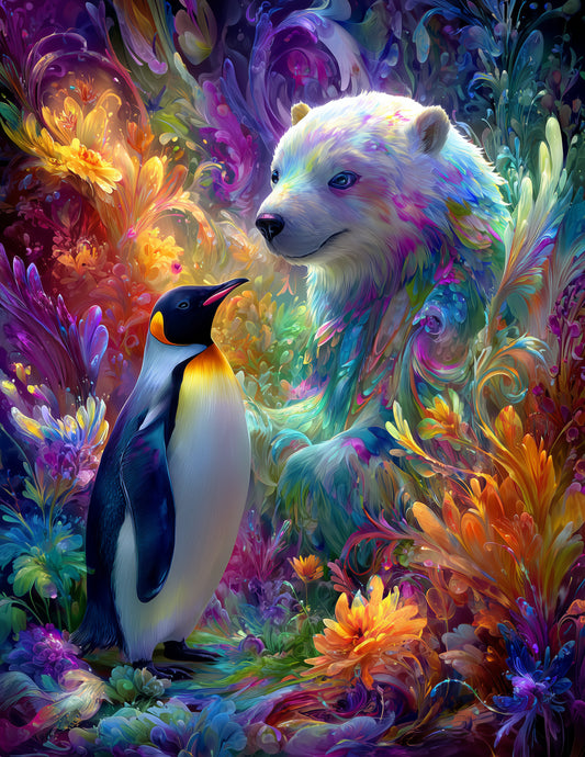 Penguin & Polar Bear — Pyschedelic Serene Palette Duo Wall Art, 3 Sizes Included, Living Room Decor
