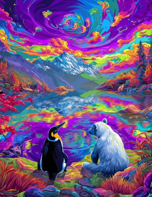 Penguin & Polar Bear — Pyschedelic Soft Gradients Duo Wall Art, 3 Sizes Included, Living Room Decor