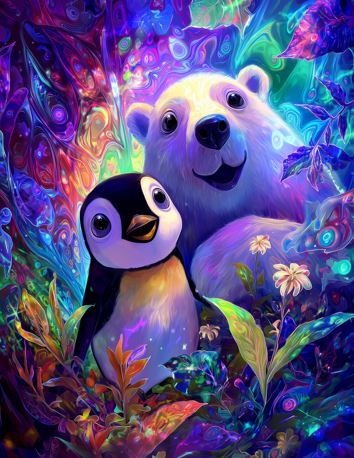 Penguin & Polar Bear — Psychedelic Sunset Tones Duo Wall Art, 3 Sizes Included, Living Room Decor