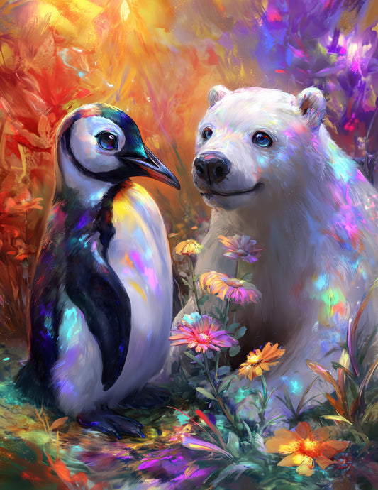 Penguin & Polar Bear — Pyschedelic Vibrant Palette Duo Wall Art, 3 Sizes Included, Living Room Decor