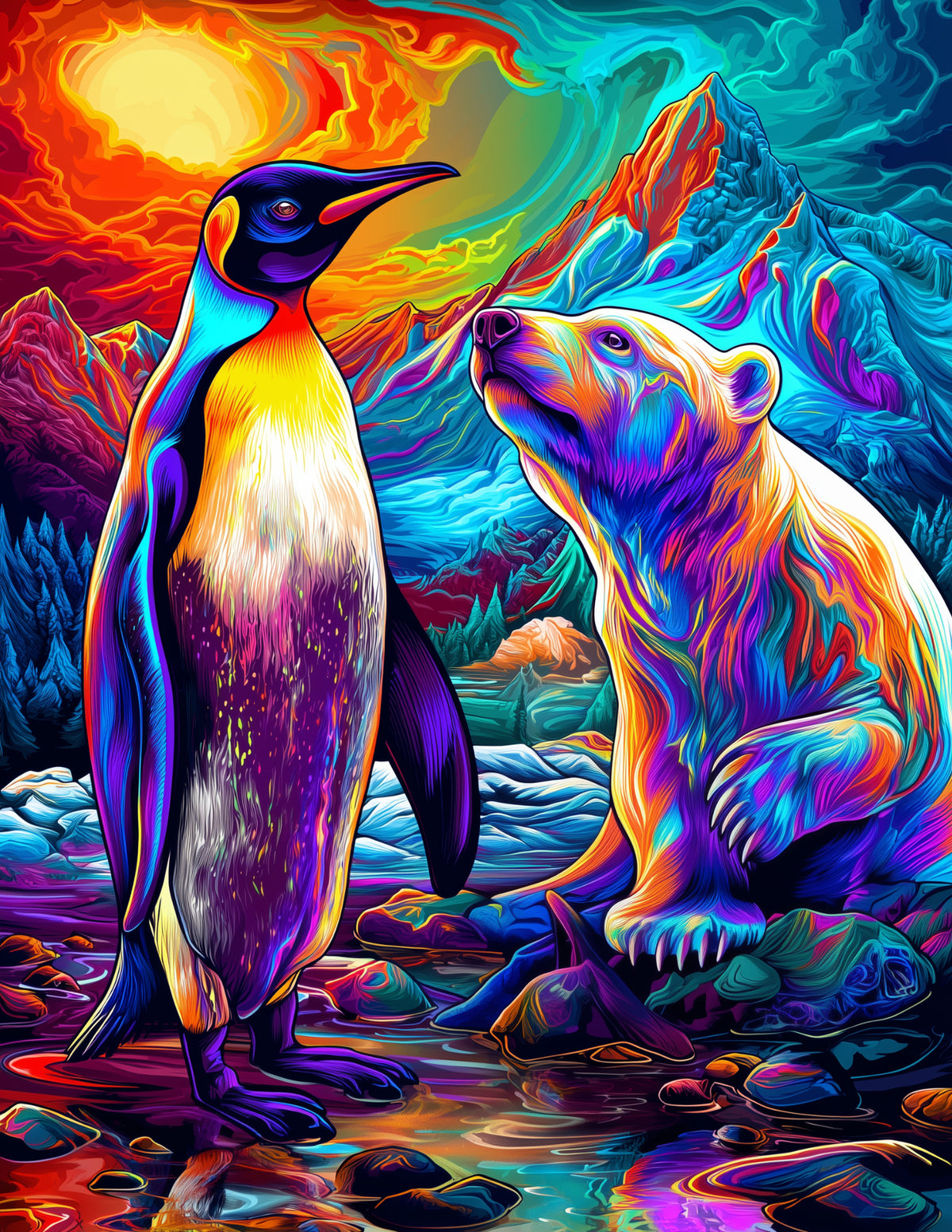 Penguin & Polar Bear — Psychedelic Vivid Tones Duo Wall Art, 3 Sizes Included, Living Room Decor