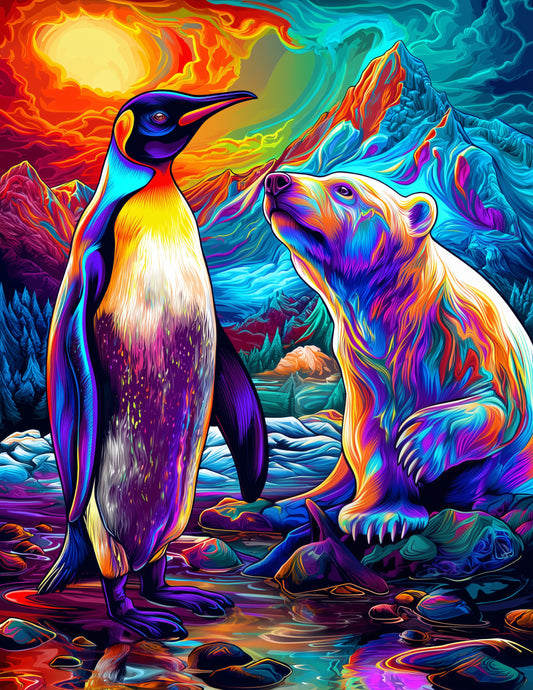 Penguin & Polar Bear — Pyschedelic Vivid Tones Duo Wall Art, 3 Sizes Included, Living Room Decor