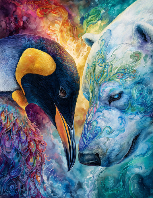 Penguin & Polar Bear — Pyschedelic Warm Tones Duo Wall Art, 3 Sizes Included, Living Room Decor
