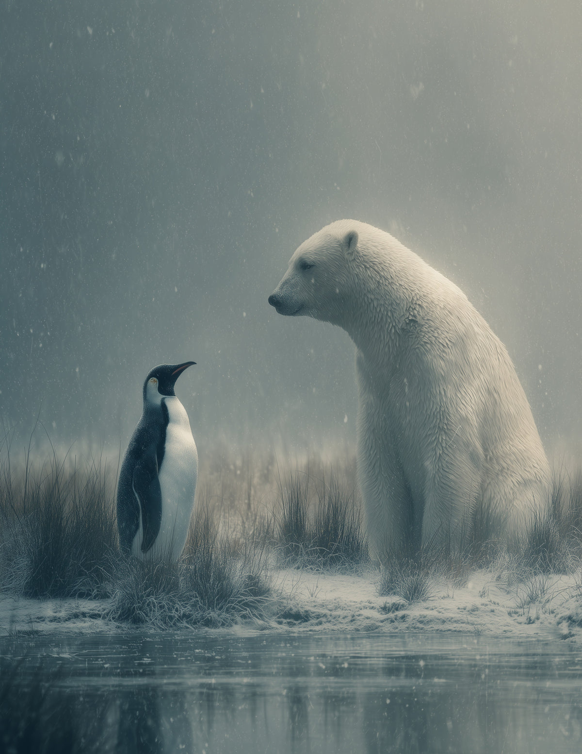 Penguin & Polar Bear — Realistic Calm Hues Duo Wall Art, 3 Sizes Included, Living Room Decor