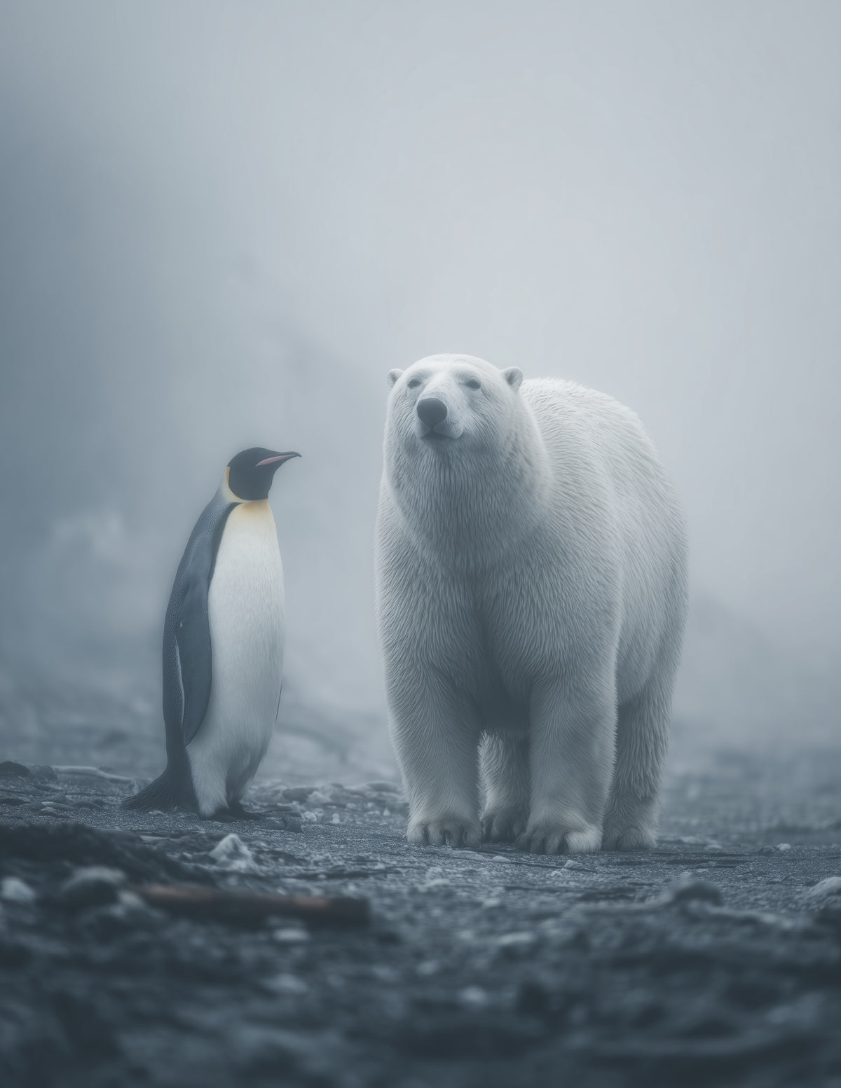 Penguin & Polar Bear — Realistic Muted Palette Duo Wall Art, 3 Sizes Included, Living Room Decor