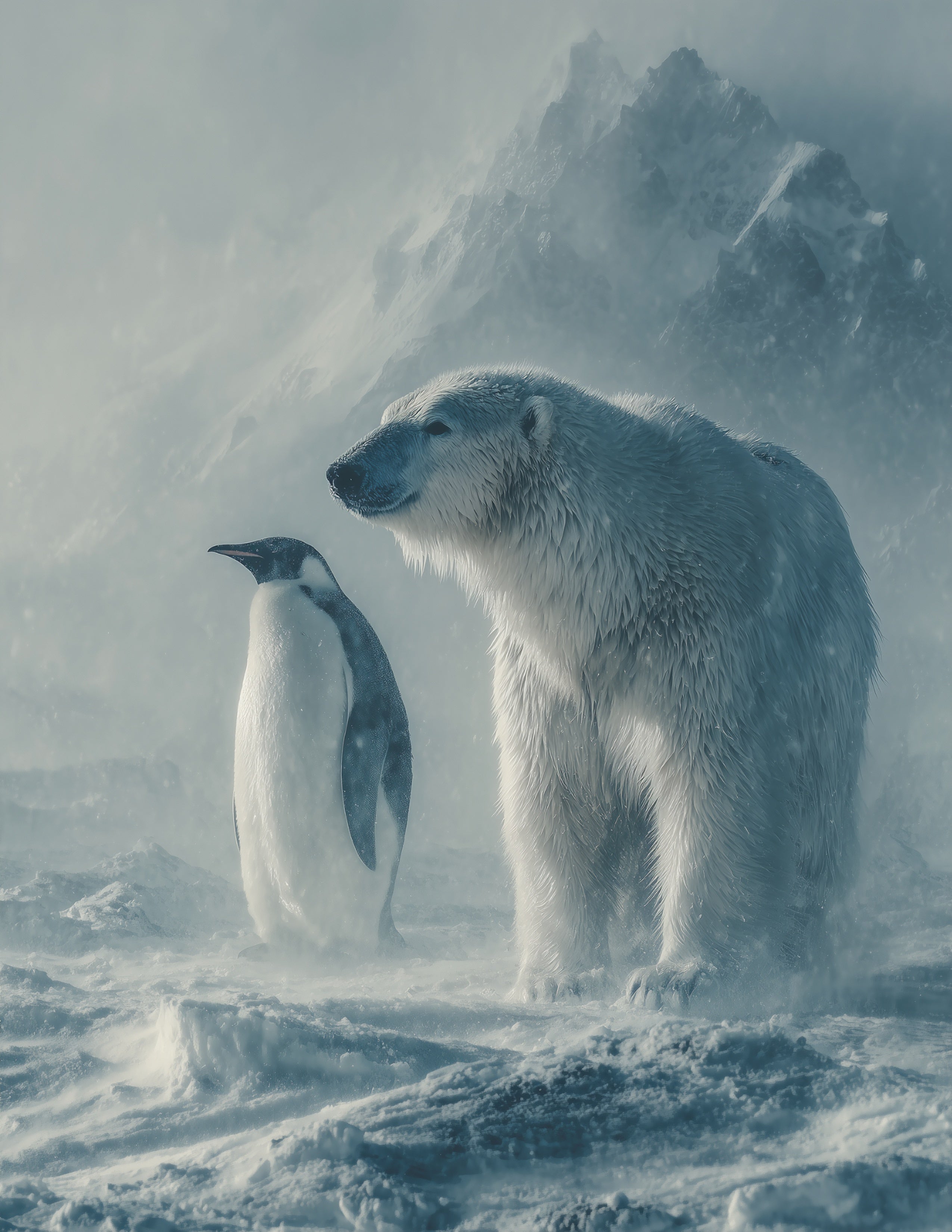 Penguin & Polar Bear — Realistic Soft Tones Duo Wall Art, 3 Sizes Included, Living Room Decor