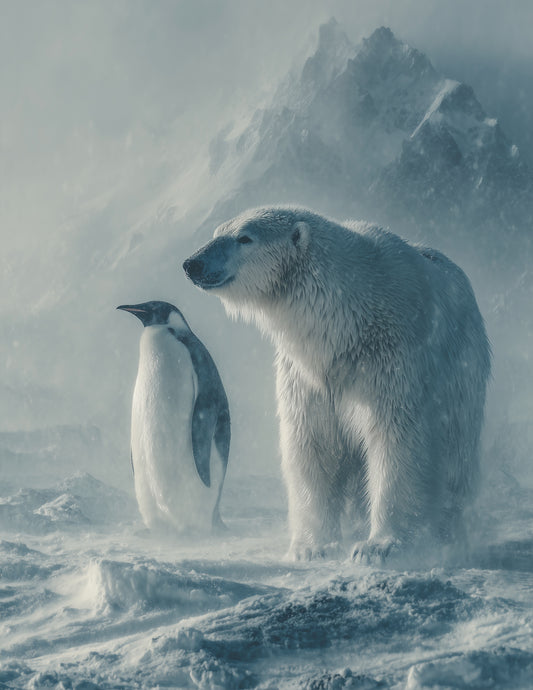 Penguin & Polar Bear — Realistic Soft Tones Duo Wall Art, 3 Sizes Included, Living Room Decor