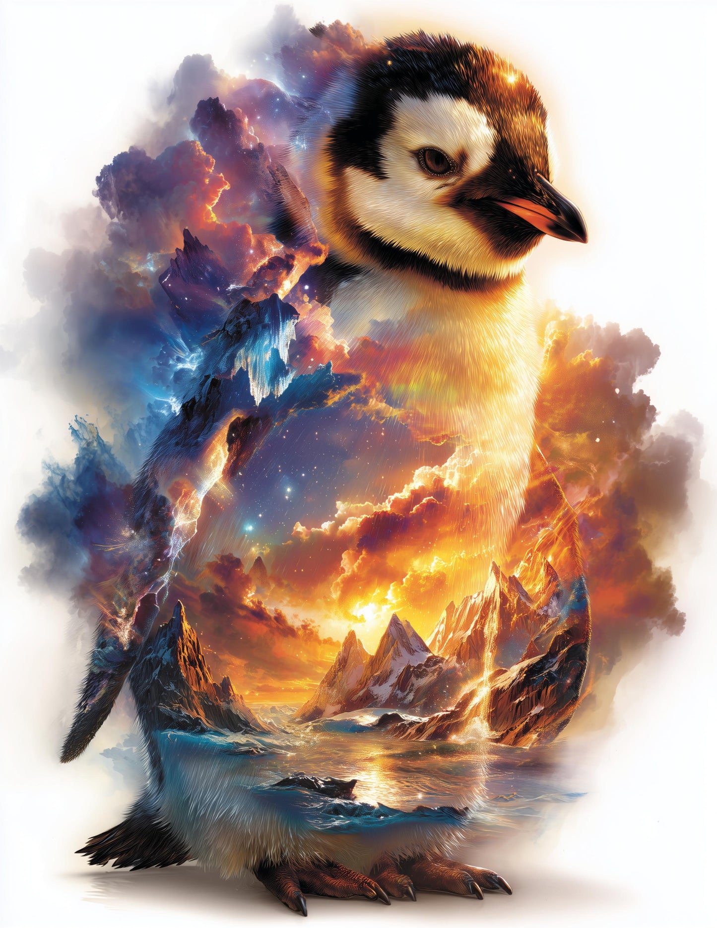 Penguin — Double Exposure Art, Cosmic Dawn Digital Wall Art, 3 Sizes Included, Living Room Decor