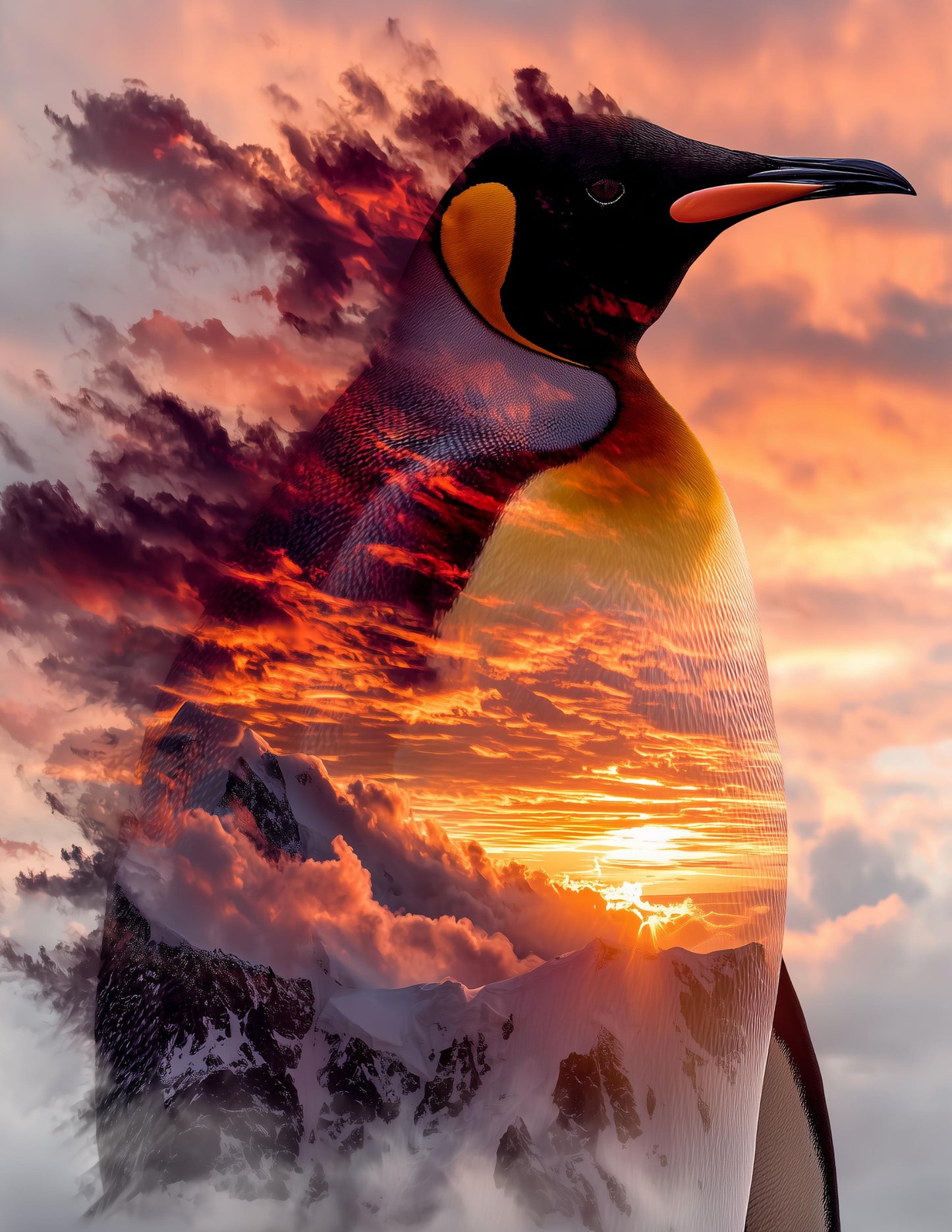 Penguin — Double Exposure Art, Ember Hues Digital Wall Art, 3 Sizes Included, Living Room Decor