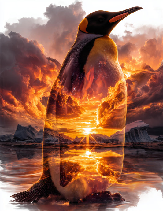 Penguin — Double Exposure Art, Sunset Glow Digital Wall Art, 3 Sizes Included, Living Room Decor