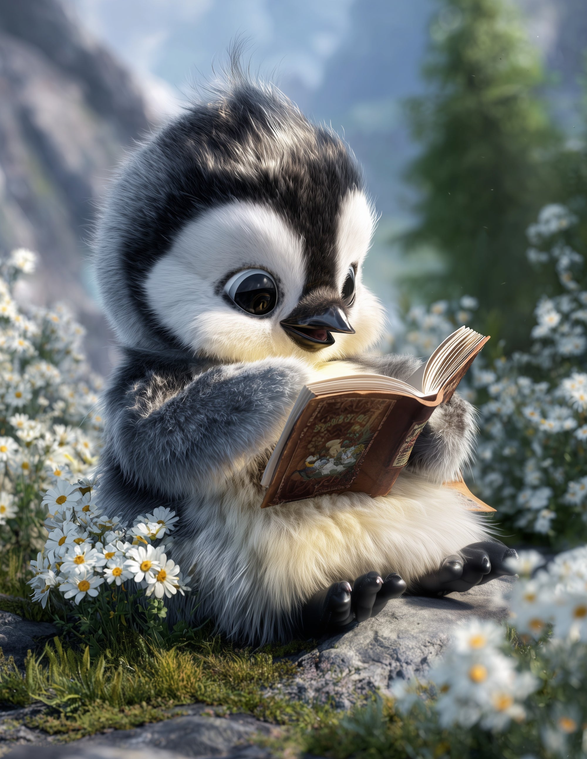 Penguin — Fantasy Reading Art, Sunset Tones Digital Wall Art, 3 Sizes Included, Nursery Room Decor
