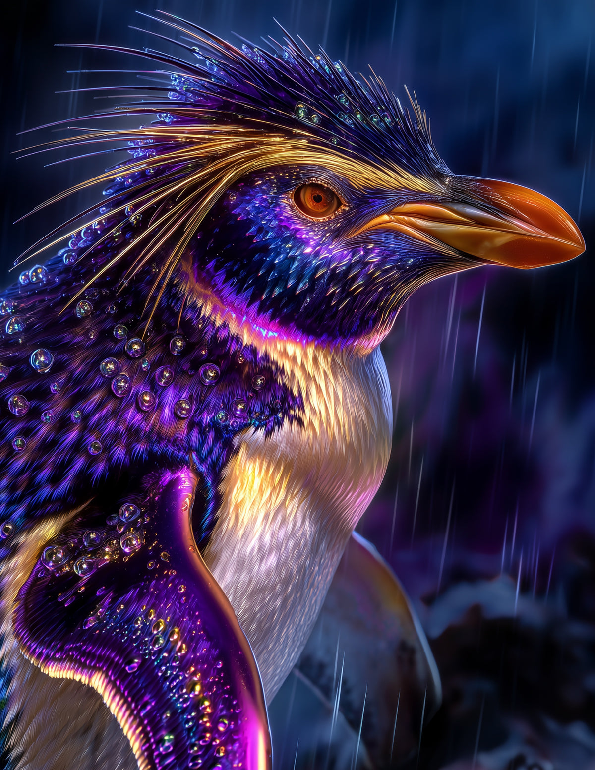 Penguin — Ferrofluid Art, Violet Rain Digital Wall Art, 3 Sizes Included, Living Room Decor