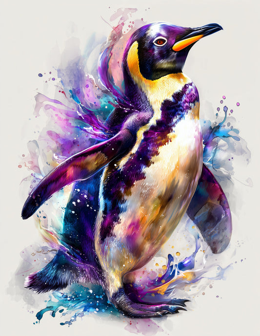 Penguin — Watercolor Art, Rainbow Burst Digital Wall Art, 3 Sizes Included, Living Room Decor
