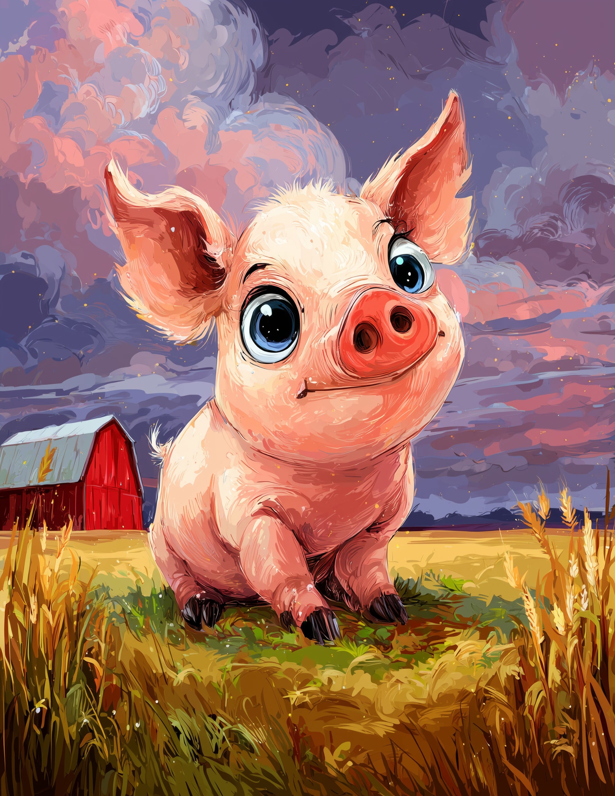 Pig — Cute Cartoon Art, Dreamy Pastels Digital Wall Art, 3 Sizes Included, Nursery Decor