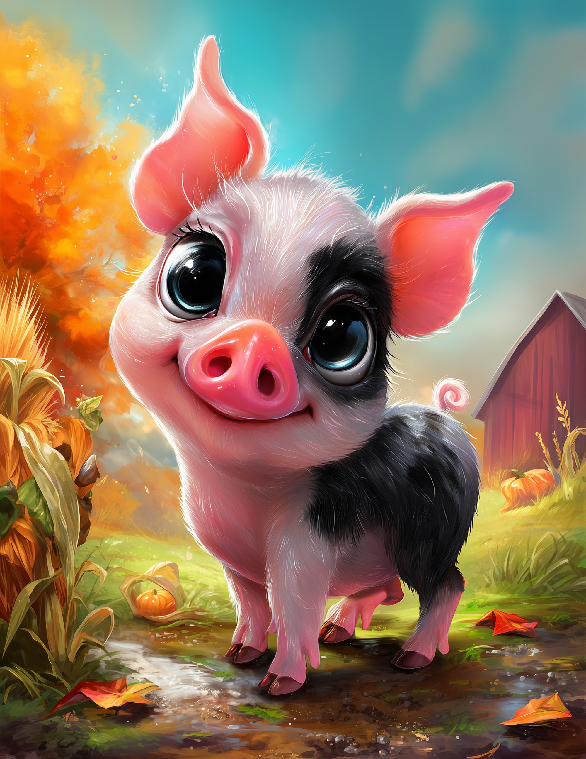 Pig — Cute Cartoon Art, Golden Hues Digital Wall Art, 3 Sizes Included, Nursery Decor