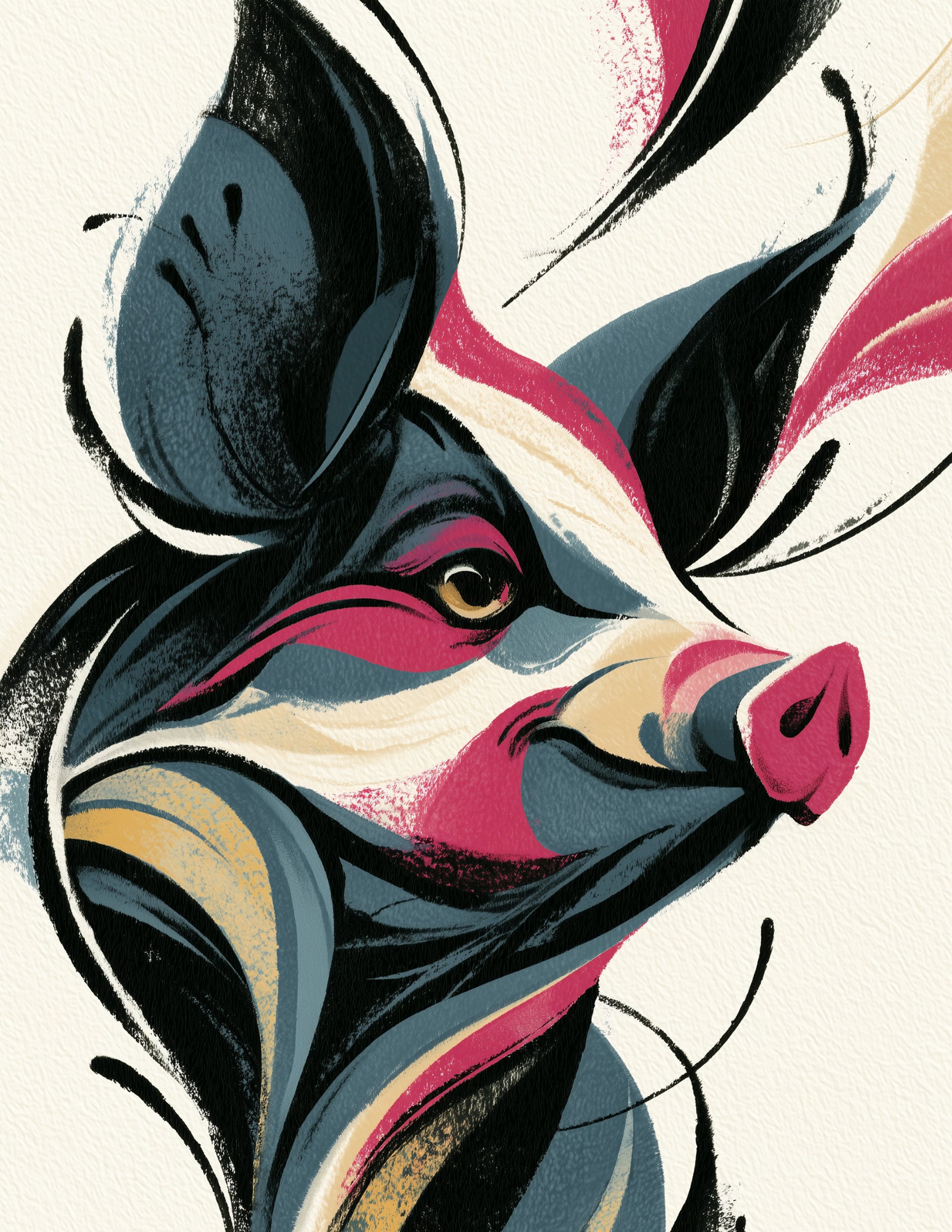 Pig — Inkflow Art, Crimson Contrast Digital Wall Art, 3 Sizes Included, Living Room Decor