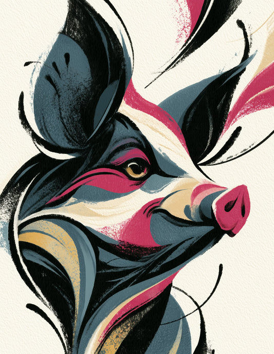 Pig — Inkflow Art, Crimson Contrast Digital Wall Art, 3 Sizes Included, Living Room Decor