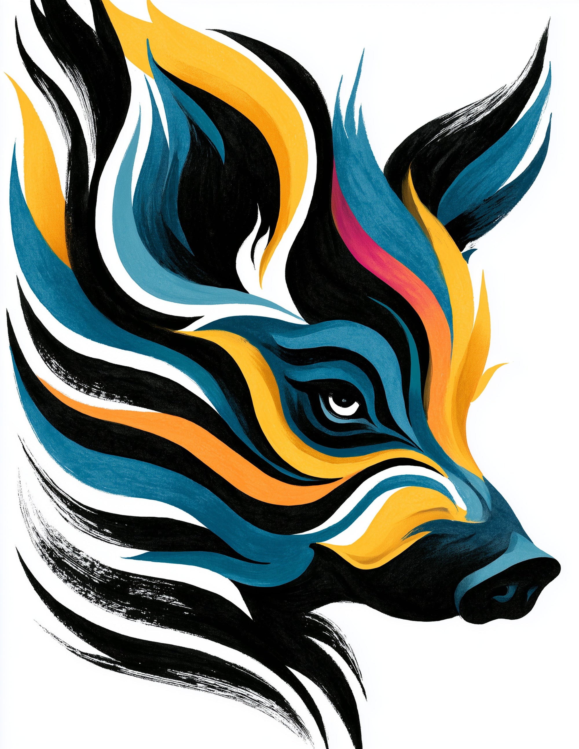 Pig — Inkflow Art, Teal Contrast Digital Wall Art, 3 Sizes Included, Living Room Decor