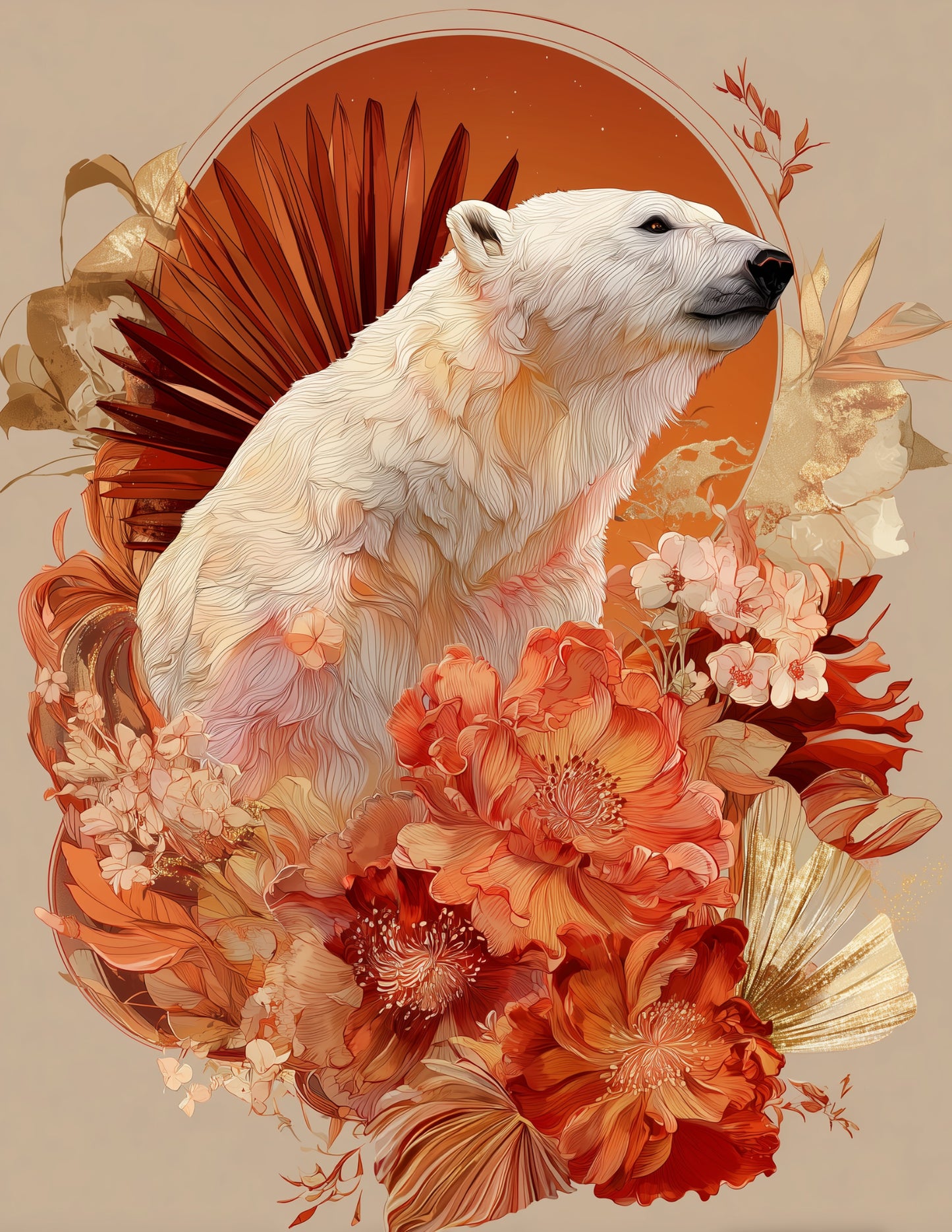 Polar Bear — Boho Art, Coral Hues Digital Wall Art, 3 Sizes Included, Living Room Decor