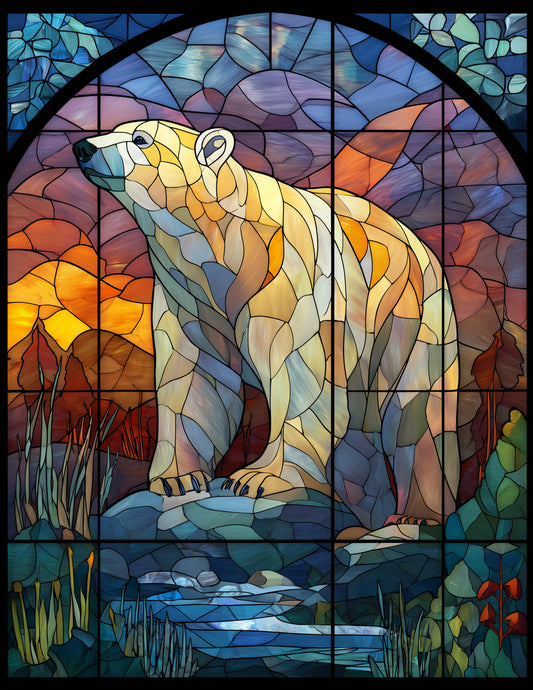 Polar Bear — Stained Glass Art, Amber Lighting Digital Wall Art, 3 Sizes Included, Living Room Decor